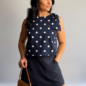Women’s Navy Polka Dot Sleeveless Top – Bow-Shoulder Detail, Boxy Fit
